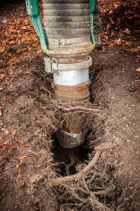 Ein großer Saugbagger entfernt während eines Hydro-Aushubvorgangs Erde und legt verwickelte Baumwurzeln frei. Der Bereich, Teil eines sorgfältigen Bepflanzungsprojekts, ist von abgefallenen Blättern umgeben, und im Hintergrund ist der Teil einer Person in Arbeitsstiefeln zu sehen.