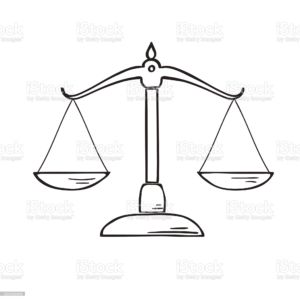 Handgezeichnete Illustration einer Balkenwaage. Die Waage, die an einen Eintrag in einem Baumlexikon erinnert, besteht aus zwei Waagschalen, die an einem horizontalen Balken hängen, der wiederum auf einer zentralen vertikalen Stütze balanciert. Eine Waagschale ist tiefer als die andere, was auf ein Ungleichgewicht hinweist. Das Bild ist einfach und weist keine Hintergrunddetails auf.