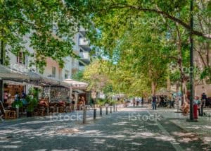 Eine belebte Fußgängerzone, gesäumt von Bäumen und Cafés im Freien auf beiden Seiten. Die Menschen gehen, sitzen und essen im Schatten des grünen Laubes. Die Gebäude haben Balkone und die Straße ist mit Kopfsteinpflaster gepflastert, was eine charmante Atmosphäre schafft, die an eine Seite eines Baumlexikons erinnert.