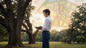 Eine Person steht mit einem Laptop in einem Park mit großen Bäumen um sie herum. Dahinter zeigt ein transparentes Overlay eine detaillierte Karte oder einen Stadtplan, so dass Technik und Natur miteinander verschmelzen.